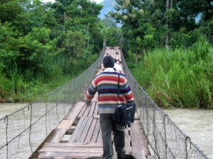 Crossing the pedestrian bridge.