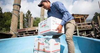 Child Aid literacy trainer Yovany Chopen unloads books in the community of San Pablo la Laguna in Guatemala.