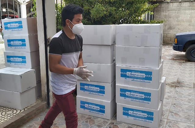 Food relief boxes arrive at the Child Aid regional office in Totonicapán, Guatemala.